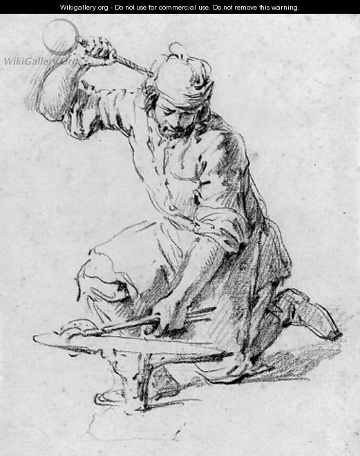 A blacksmith kneeling at his anvil - (after) Pieter Van Bloemen