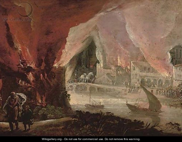Aeneas fleeing burning Troy with Anchises and Ascanius - (after) Pieter Schoubroeck