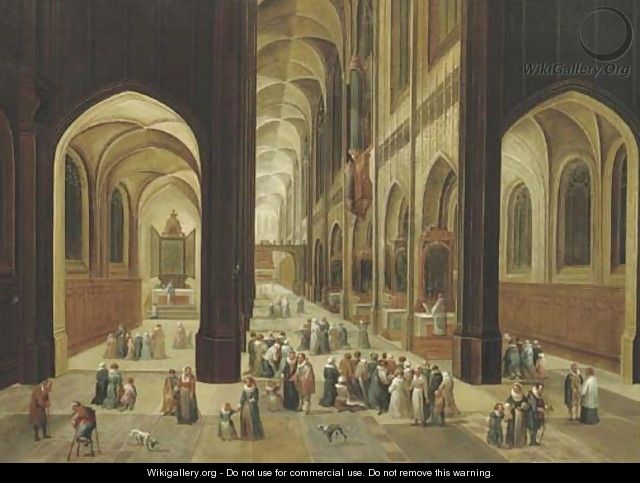 The interior of a gothic church with elegant company - (after) Pieter The Younger Neefs