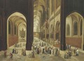 The interior of a gothic church with elegant company - (after) Pieter The Younger Neefs