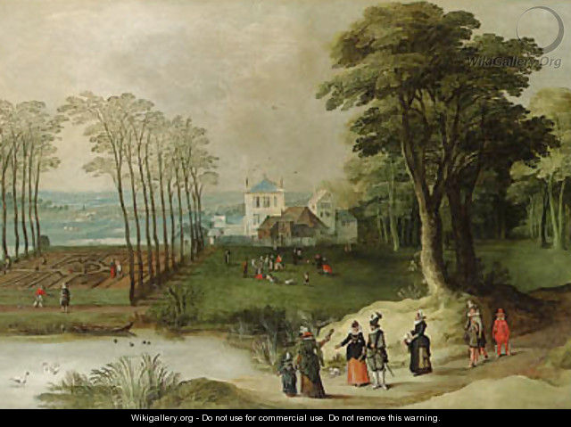 A wooded landscape with elegant company by a pond - (after) Joos Or Josse De, The Younger Momper