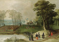 A wooded landscape with elegant company by a pond - (after) Joos Or Josse De, The Younger Momper