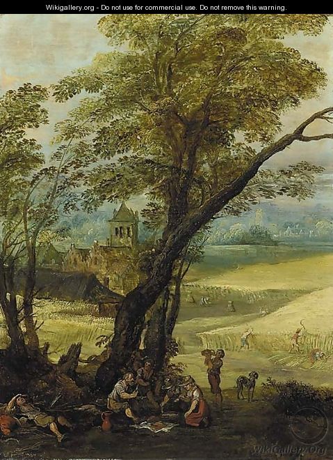 Summer An extensive landscape with harvesters resting beneath a tree - (after) Joos Or Josse De, The Younger Momper