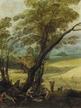 Summer An extensive landscape with harvesters resting beneath a tree - (after) Joos Or Josse De, The Younger Momper