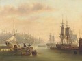 Hustle and bustle and a forest of masts in a port - (after) John Wilson Carmichael