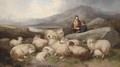 A shepherd with his flock in a Highland landscape - (after) J.W. Morris