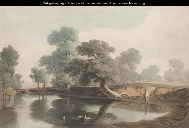 A shepherd by a tree-lined pond - (after) John Varley