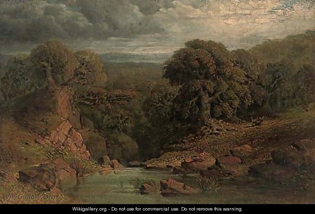 A wooded river landscape with a deer beyond - (after) John Linnell