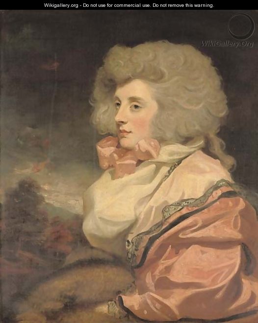 Portrait of a lady, half-length, seated in a pink dress, white scarf and pink neck-tie, with a fur muff, in a landscape - (after) Hoppner, John