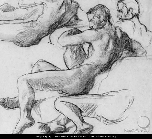 A reclining nude holding an urn, with subsidiary studies of his head, torso and legs - (after) Henri (Karl Ernest Rudolf Heinrich Salem) Lehmann