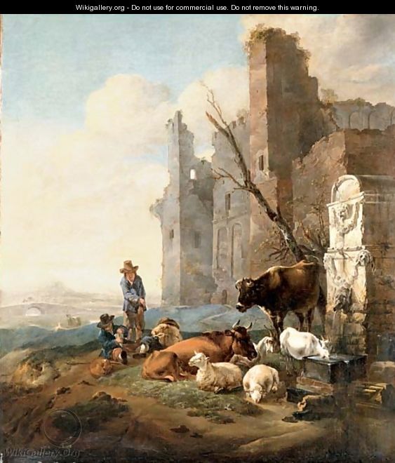 An Italian landscape with herdsmen - (after)Karel Dujardin