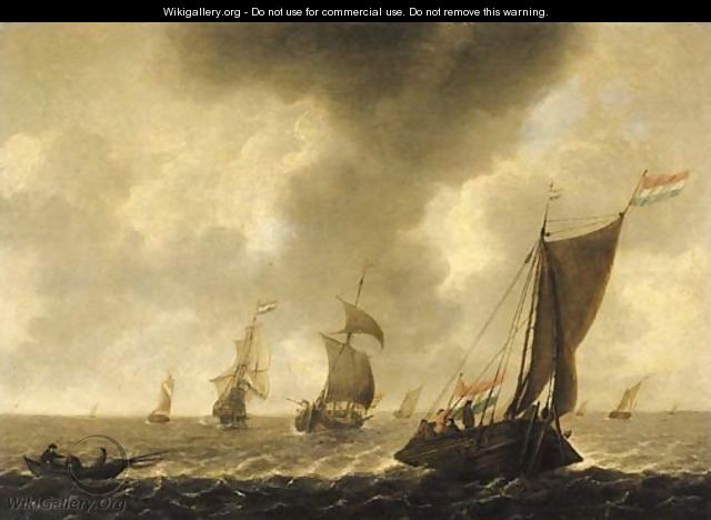 A wijdschip sailing before the wind with fishermen in a rowing boat, other shipping beyond, in choppy waters - (after) Jan Porcellis