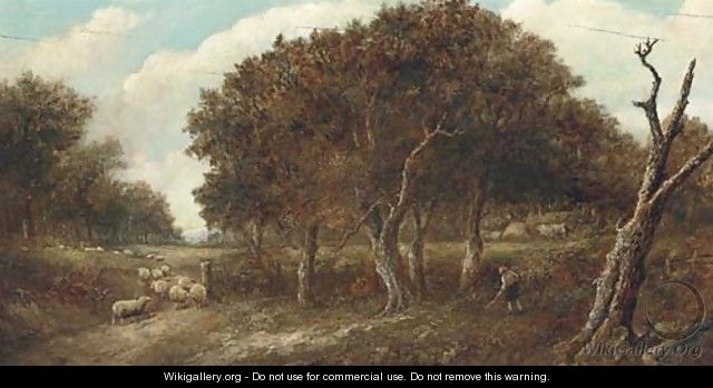 A shepherd with his flock in a wooded landscape - (after) Joseph Thors