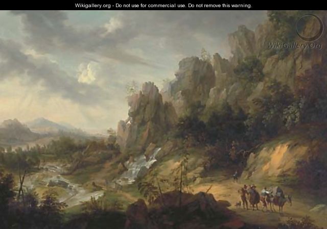 An extensive, rocky landscape with travellers on a path near a waterfall - (after) Josef Orient