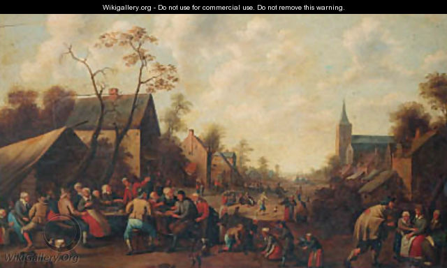 Peasants drinking and eating at tables in a village street - (after) Joost Cornelisz. Droochsloot