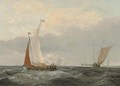 Barges at sea with a frigate anchored beyond - (after) Louis Verboeckhoven