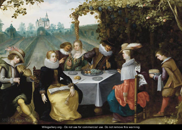 An elegant company dining in a garden - (after) Louis De Caullery
