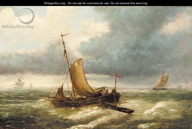 A fishing boat in choppy waters with other boats beyond - (after) Louis Verboeckhoven