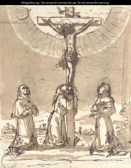 Christ on the Cross adored by three Franciscan monks - (after) Lodovico Pozzoserrato (see Toeput, Lodewijk