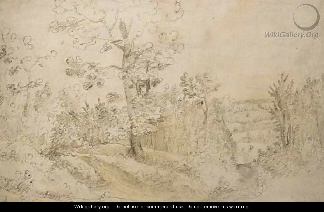 A wooded landscape, perhaps near the village of Vorst outside Brussels, with a horseman seen in the distance - (after) Lodewijk De Vadder