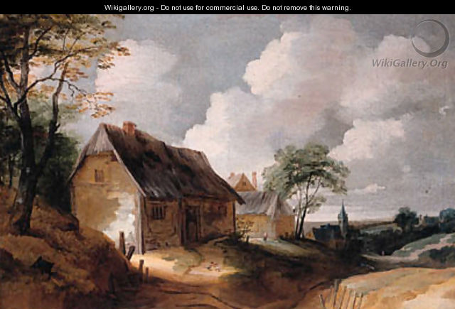 A road leading to a village, with poultry on a farmyard in the foreground - (after) Lodewijk De Vadder