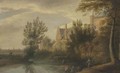 A river landscape with a fisherman, a town beyond - (after) Lodewijk De Vadder