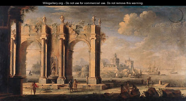 Figures amongst classical ruins, a port beyond - (after) Leonardo Coccorant