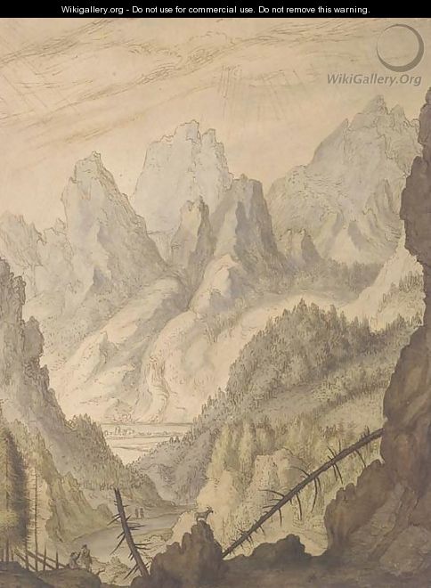 A mountainous landscape with a goat on a rocky outcrop - (after) Lambert Doomer