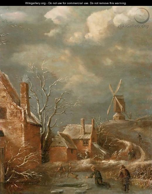 A winter landscape with figures on a frozen lake, cottages nearby and a windmill beyond - (after) Claes Molenaar (see Molenaer)