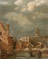 A winter landscape with figures on a frozen lake, cottages nearby and a windmill beyond - (after) Claes Molenaar (see Molenaer)