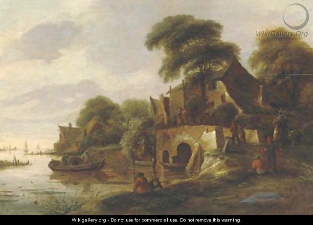 A river landscape with peasants gathered on a bridge in a village, a lake with sailing vessels beyond - (after) Claes Molenaar (see Molenaer)