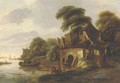 A river landscape with peasants gathered on a bridge in a village, a lake with sailing vessels beyond - (after) Claes Molenaar (see Molenaer)