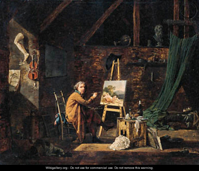 Portrait of an artist, seated small full-length, painting in his studio - Martin Drolling