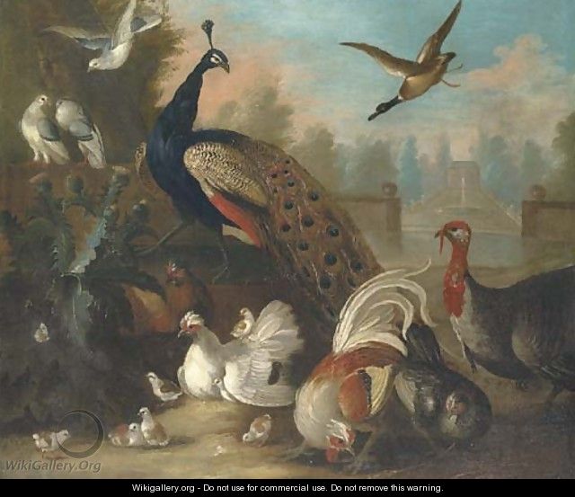 A peacock and other birds in an ornamental landscape - (after) Marmaduke Craddock