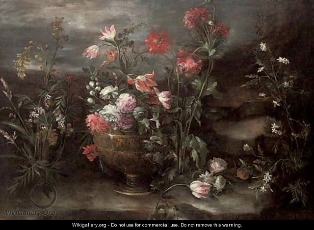 Carnations, tulips and roses in an urn in a rocky landscape - (after) Margherita Caffi