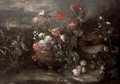 Carnations, tulips and roses in an urn in a rocky landscape - (after) Margherita Caffi
