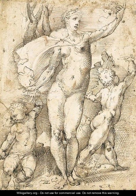 Charity A standing nude woman flanked by putti - (after) Marco Pino