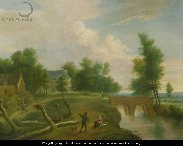 A traveller conversing with a peasant woman on a riverbank by a footbridge, farmhouses beyond - (after) Marc Baets