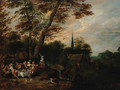 Elegant company at table in a wooded landscape, a village beyond with an angel of the Apocalypse above - (after) Lucas Van Uden