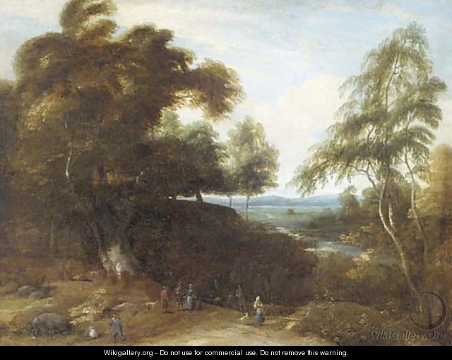A wooded landscape with figures and dogs in a clearing - (after) Lucas Achtschellinck