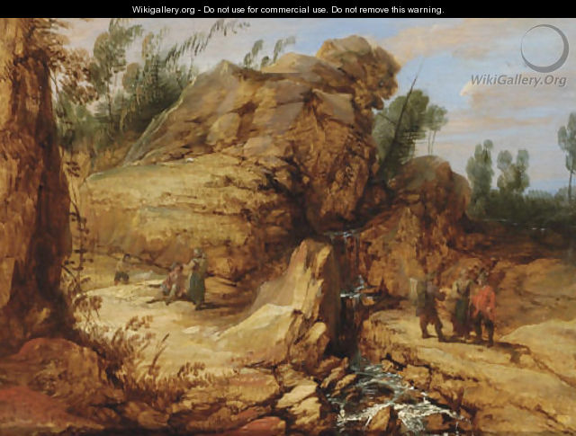 A rocky river landscape with travellers in the foreground - (after) Lucas Achtschellinck