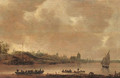 A view of Arnhem from the south with a ferry and shipping on the Rhine in the foreground - (after) Jan Van Goyen