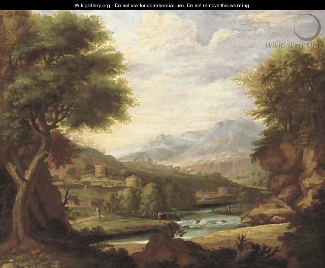 An extensive classical Italianate landscape with figures by a river, a town beyond - (after) Jan Joost Von Cossiau