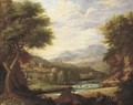 An extensive classical Italianate landscape with figures by a river, a town beyond - (after) Jan Joost Von Cossiau