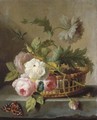 Roses and morning glory in a basket on a stone ledge - (after) Jan Frans Van Dael