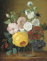 Mixed flowers in a glass vase on a ledge - (after) Jan Frans Van Dael