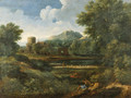 An extensive Italianate landscape with shepherds by a river - (after) Jan Frans Van Orizzonte (see Bloemen)