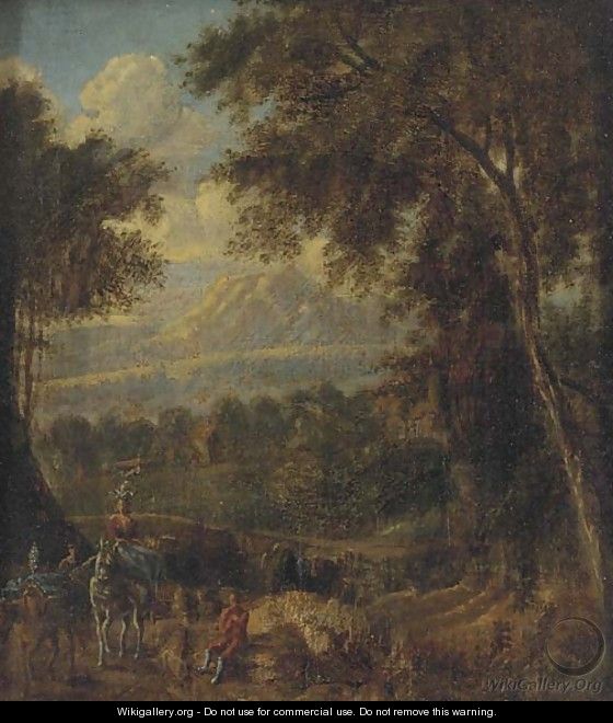 A mountain landscape with travellers on a wooded track - (after) Jan Frans Van Orizzonte (see Bloemen)