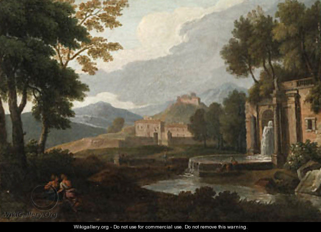 An Italianate Landscape with a Fountain and Philosophers resting in the foreground - (after) An Frans Van Orizzonte (see Bloemen)