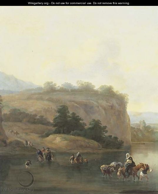 An Italianate landscape with muleteers crossing a river - (after) Jan Asselyn